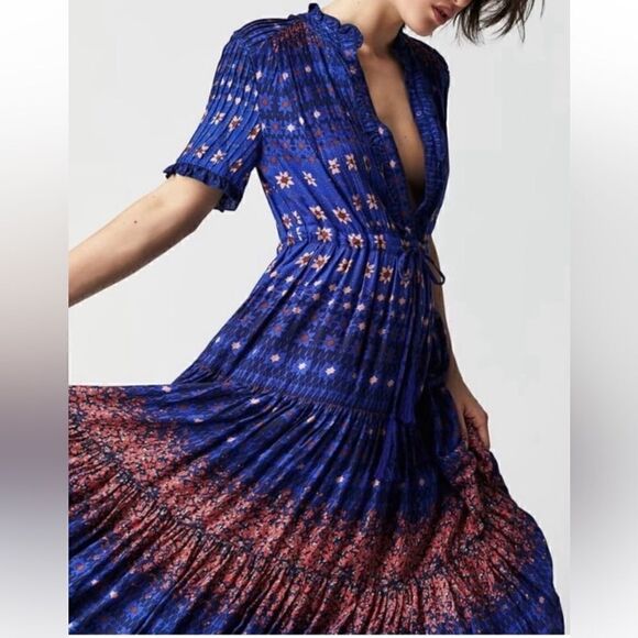 Free People Rare Feelings Maxi Dress By - Capri Blue Combo Size XS - Picture 3 of 6
